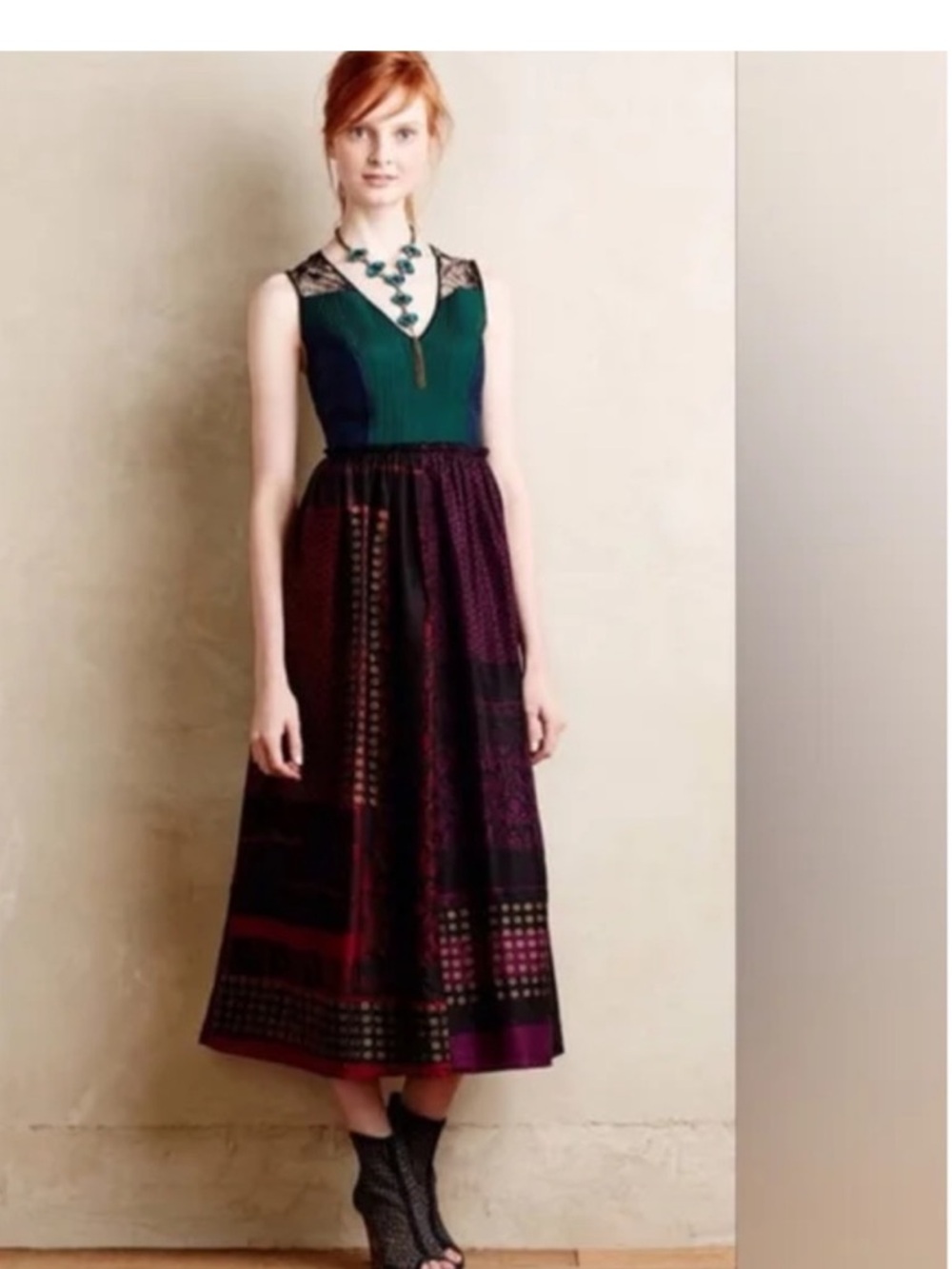 Anthropologie "Montage Midi Dress" by Niki Mahajan Silk, Lace, Romantic Sz 10P